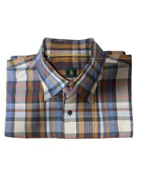 EUC Robert Talbott Plaid Button-Down Shirt in Blue, Brown & Cream  Size XXL